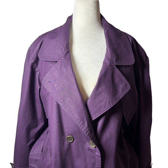 Womens M Vintage Purple Double-Breasted Mid Trench Coat belted plaid lining - Picture 3 of 11